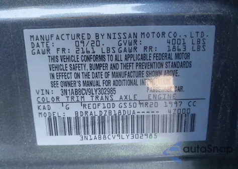 2020 Nissan Sentra Sv Xtronic Cvt z USA, uszkodzony, nr VIN 3N1AB8CV9LY302985